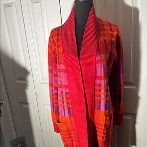Isaac Mizrahi Vibrant Plaid Cardigan - Red and Orange